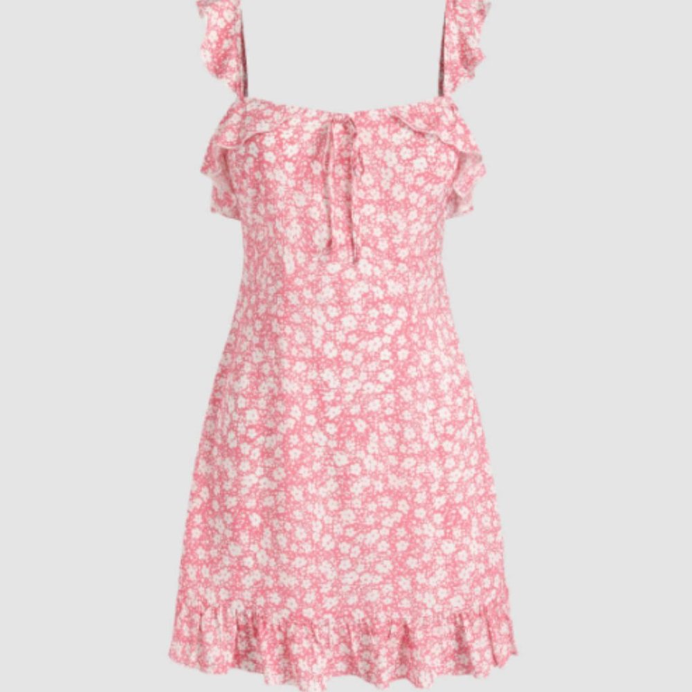 Cider Floral Knotted Ruffle Pink Mini Dress